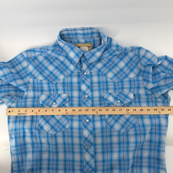 Wrangler Men's L Blue Plaid Pearl Snap Western Shirt Short Sleeve Rodeo Cowboy - Picture 7 of 9